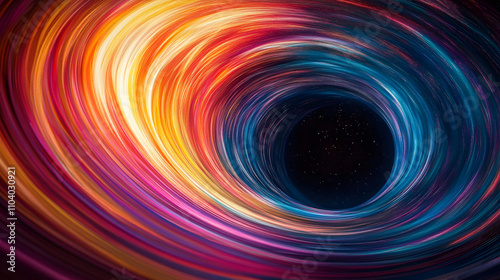 A swirling vortex of space-time, with colorful light trails stretching into infinity. The black hole recedes into the background.