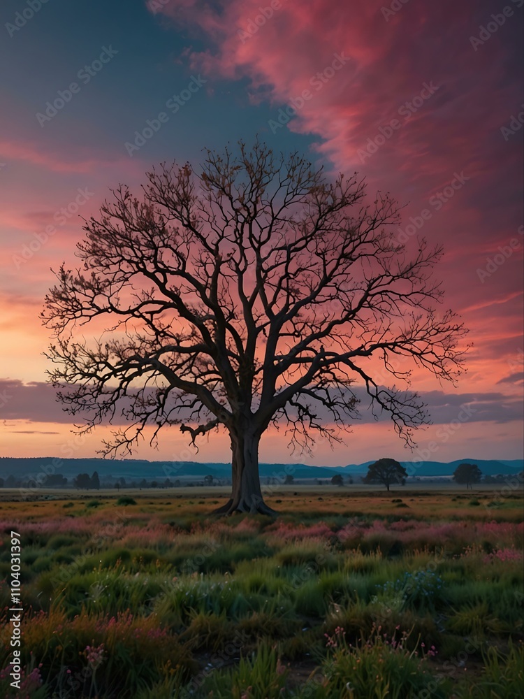 A lone tree in a vibrant landscape with a pink and blue sky. A lone tree in a vibrant landscape with a pink and blue sky.