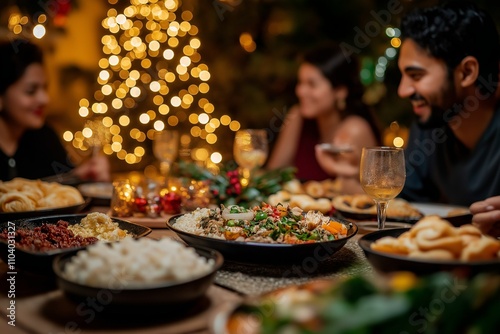 Christmas celebration, party, New Year, Happy Latin American, Hispanic, Mexican friends family together sitting table concept, tasty dishes, meals, smiling, talking to each other, cozy background.