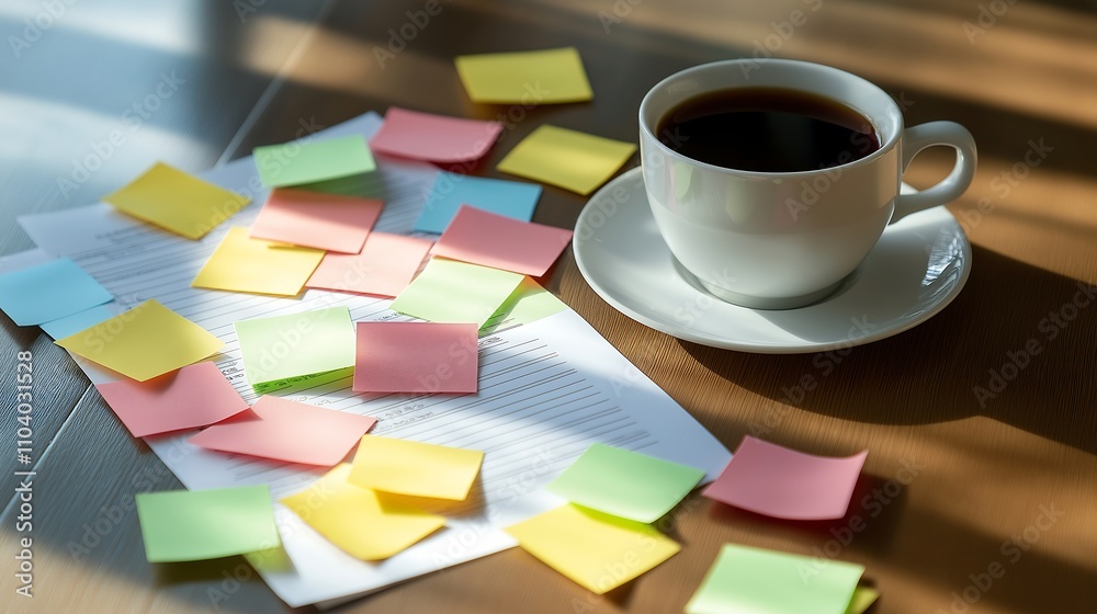 Business plan template on a desk with sticky notes and coffee, planning session. Business plan template on a desk with sticky notes and coffee, planning session.