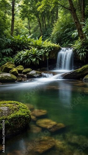 A lush forest scene with cascading water, creating tranquility.