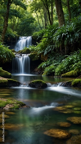 A lush forest scene with cascading water, creating tranquility.