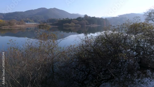 Beautiful scenery of Boseong River in Boseong, Jeollanam-do, background shot with a drone in the morning photo