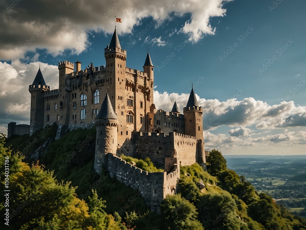 A majestic castle on a cliff with a sunny sky and fluffy clouds. A majestic castle on a cliff with a sunny sky and fluffy clouds.