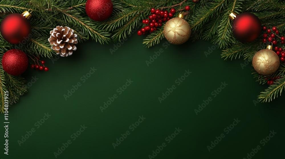 Naklejka premium A festive array of Christmas decorations, featuring vibrant balls and rustic pine cones, set against a lush green backdrop, evoking holiday cheer and warmth.