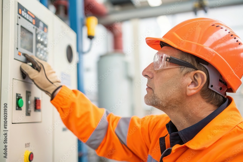 A focused worker in an orange safety helmet and reflective gear is adjusting the control panel in an industrial environment. The facility is well organized with machinery and equipment visible in the A focused worker in an orange safety helmet and reflective gear is adjusting the control panel in an industrial environment. The facility is well organized with machinery and equipment visible in the