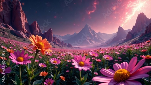 Daisies Blooming on Alpha Centauri, Futuristic Floral, Alien Landscape photo