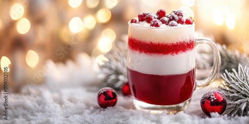 A Santa Claus-themed cocktail with red and white layers, served in a playful mug, photo