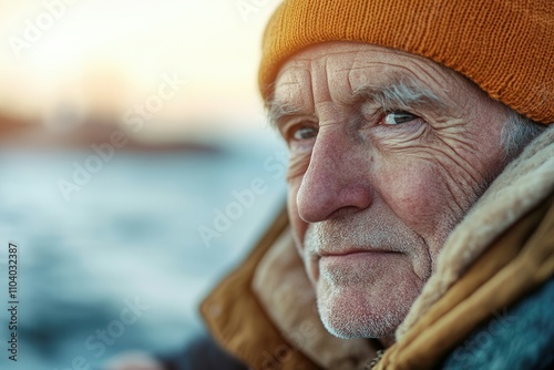 An elderly man with a weathered face wears an orange beanie and a warm jacket. He gazes thoughtfully toward the water against a soft sunset background, reflecting a lifetime of experiences and wisdom. photo