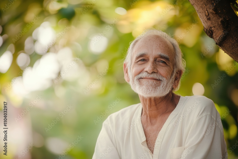 An elderly man with a white beard is smiling warmly while seated against a tree in a vibrant garden. The sunlight filters through the leaves, creating a serene atmosphere filled with greenery and natu An elderly man with a white beard is smiling warmly while seated against a tree in a vibrant garden. The sunlight filters through the leaves, creating a serene atmosphere filled with greenery and natu