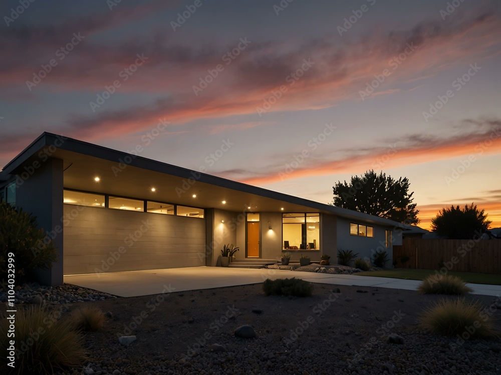 A Mid-Century Modern home exterior at sunset. A Mid-Century Modern home exterior at sunset.