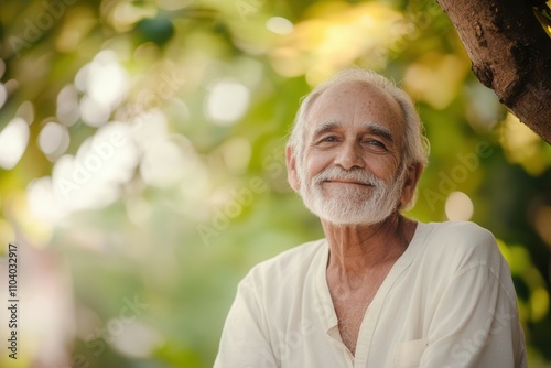 An elderly man with a white beard is smiling warmly while seated against a tree in a vibrant garden. The sunlight filters through the leaves, creating a serene atmosphere filled with greenery and natu
