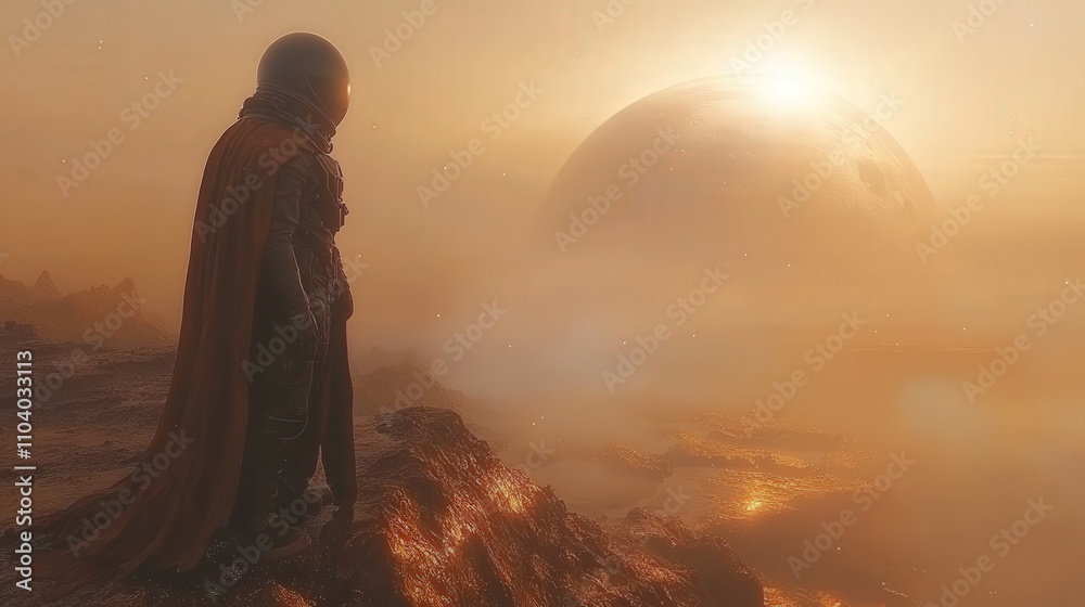 A lone figure in a spacesuit gazes at a distant planet amidst a hazy, otherworldly landscape. A lone figure in a spacesuit gazes at a distant planet amidst a hazy, otherworldly landscape.
