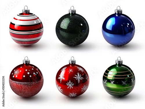 A set of six christmas ornaments in different colors on a white background photo