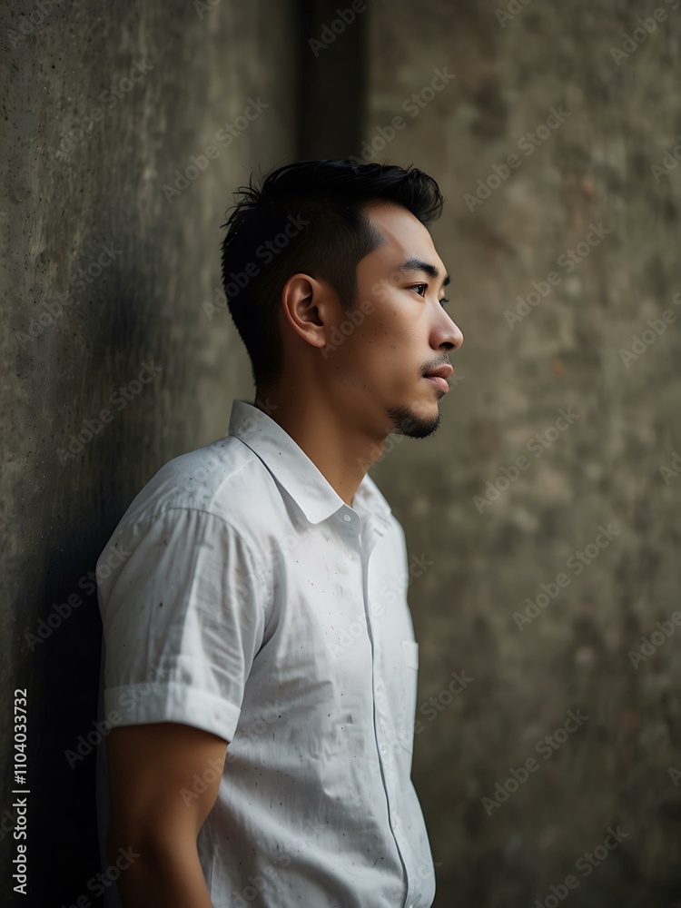 A minimalist portrait of an Asian man leaning against a wall, serene with soft bokeh. A minimalist portrait of an Asian man leaning against a wall, serene with soft bokeh.