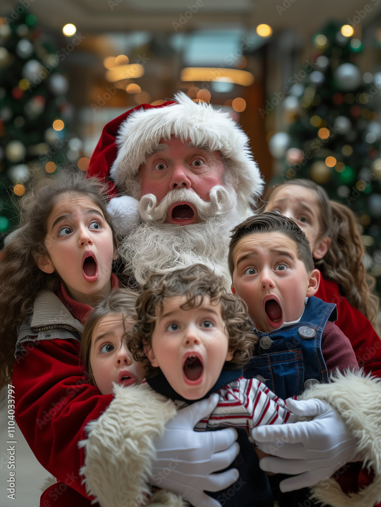 A man dressed as Santa Claus is sitting on a chair with two children A man dressed as Santa Claus is sitting on a chair with two children
