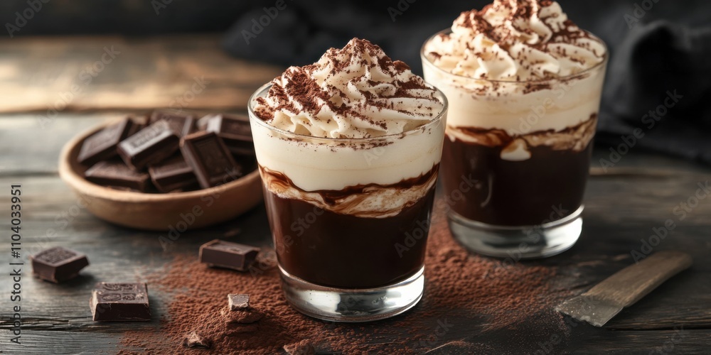 A tiramisu martini with layered cream, espresso, and chocolate, topped with cocoa powder, A tiramisu martini with layered cream, espresso, and chocolate, topped with cocoa powder,