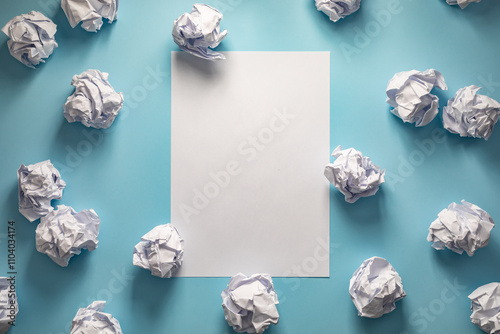 Blank sheet of paper rests on light blue backdrop, surrounded by scattered crumpled pieces of white paper, suggesting challenges of generating new ideas and creative process. photo