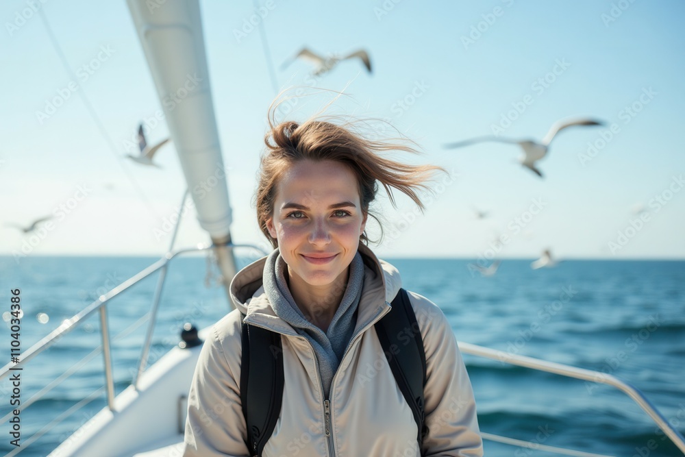 A woman stands on a boat, smiling as the wind blows through her hair on a clear sunny day. Seagulls fly around her, reflecting the joy of the coastal adventure. The blue ocean sparkles in the backgrou A woman stands on a boat, smiling as the wind blows through her hair on a clear sunny day. Seagulls fly around her, reflecting the joy of the coastal adventure. The blue ocean sparkles in the backgrou