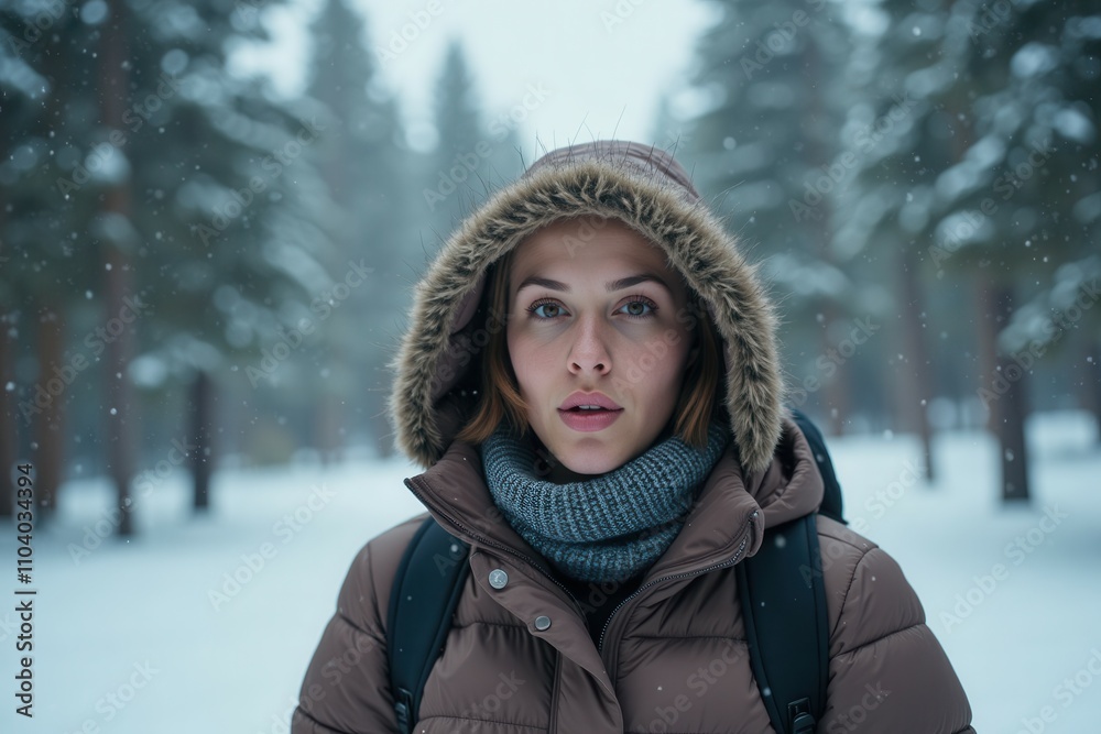 A woman stands in a serene snowy forest, surrounded by tall evergreen trees. She wears a warm jacket with a hood and a scarf, looking directly at the camera as snowflakes gently fall around her. A woman stands in a serene snowy forest, surrounded by tall evergreen trees. She wears a warm jacket with a hood and a scarf, looking directly at the camera as snowflakes gently fall around her.