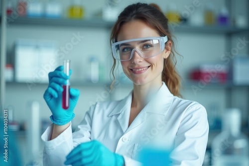 A scientist wears protective gear, holding a test tube with red liquid in one hand. The laboratory is well equipped with various glassware and colorful solutions in the background, highlighting a focu