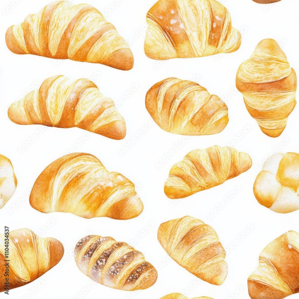 Artistic watercolor croissants and baguettes, seamless pattern, natural tones, gentle strokes, ideal for elegant packaging Artistic watercolor croissants and baguettes, seamless pattern, natural tones, gentle strokes, ideal for elegant packaging
