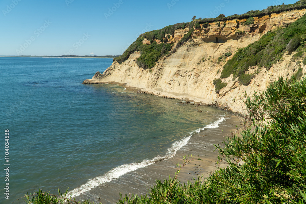 Beautiful view of a bay in the Pacific Ocean, located in Southern Chile, featuring crystal-clear waters and lush surroundings on a warm summer day.