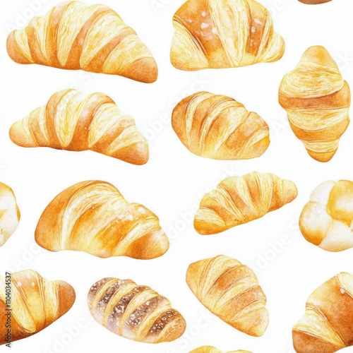 Artistic watercolor croissants and baguettes, seamless pattern, natural tones, gentle strokes, ideal for elegant packaging