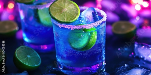 A trendy neon blue mojito with glowing green lime slices and frosted edges,