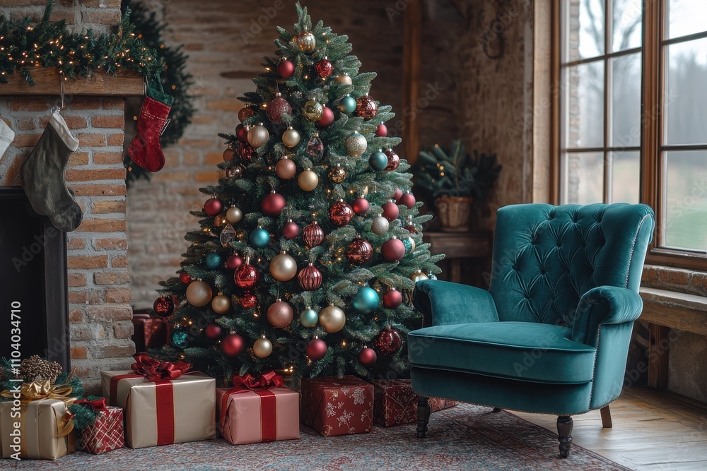 Cozy Rustic Christmas Scene with Tree, Fireplace, and Presents Cozy Rustic Christmas Scene with Tree, Fireplace, and Presents