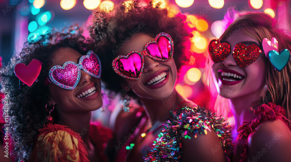Group of friends celebrating with heart shaped sunglasses, vibrant colors, and joyful expressions at festive party. atmosphere is lively and fun