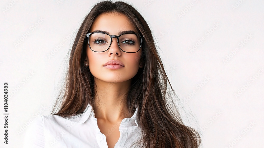 Young woman in glasses with long hair posing against a light background Young woman in glasses with long hair posing against a light background