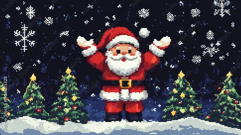 Retro 8-bit Santa waving joyfully, surrounded by pixelated snowflakes and Christmas trees. Retro 8-bit Santa waving joyfully, surrounded by pixelated snowflakes and Christmas trees.
