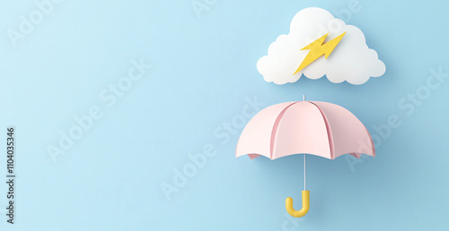 Pink umbrella with cloud on blue background. Banner Seasonal affective disorder, awareness month. Mental problems in autumn and winter period concept with space for text
