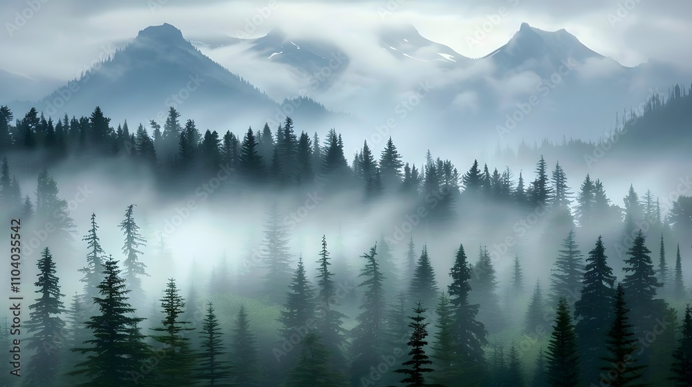 Misty Mountains and a Coniferous Forest Scene