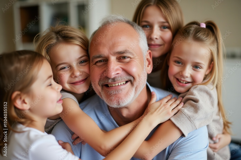 A cheerful grandfather is surrounded by his four granddaughters, each showing affection through warm hugs and smiles. The happy family moment takes place in a comfortable living room setting filled wi A cheerful grandfather is surrounded by his four granddaughters, each showing affection through warm hugs and smiles. The happy family moment takes place in a comfortable living room setting filled wi