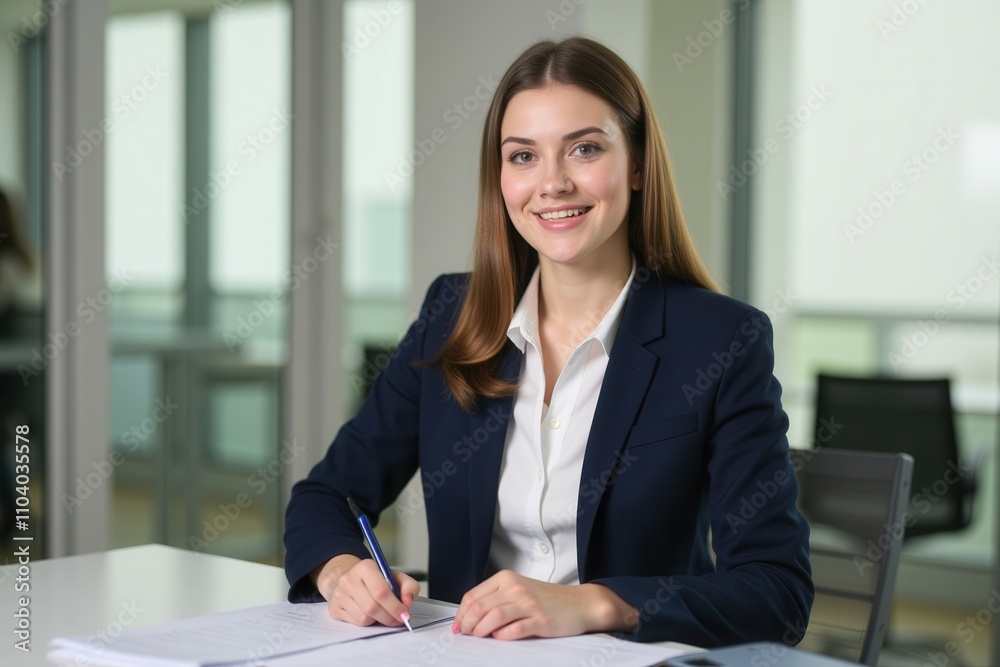 A confident young woman is seated at a desk in a sleek office space. She wears a dark suit, holds a pen, and is surrounded by paperwork. Natural light fills the room, highlighting her positive demeano