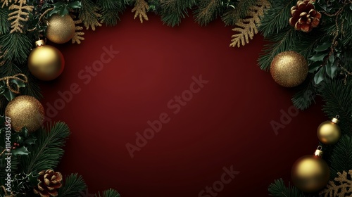 A festive Christmas wreath adorned with gleaming gold ornaments and rustic pine cones, set against a vibrant red backdrop, radiating holiday cheer.