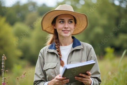 A young woman stands in a lush green area, holding a clipboard and looking thoughtful. Dressed in a light jacket and wide brimmed hat, she is engaged in field research, surrounded by nature and wildli photo