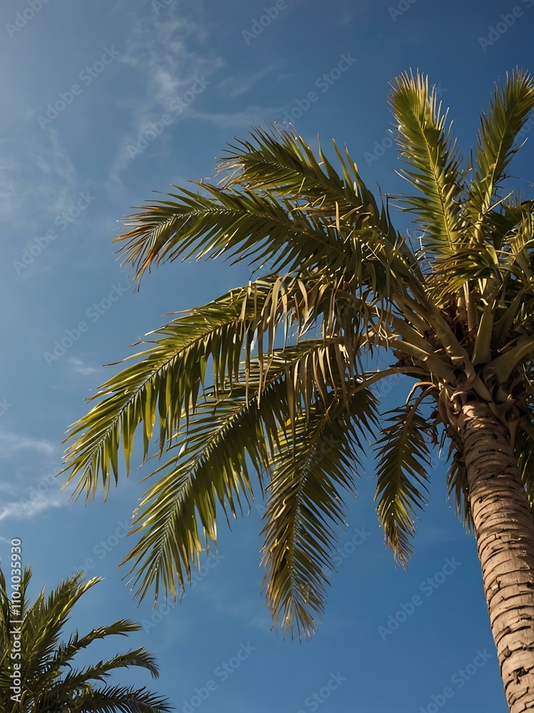 Obraz premium A palm tree with drying leaves against a blue sky.