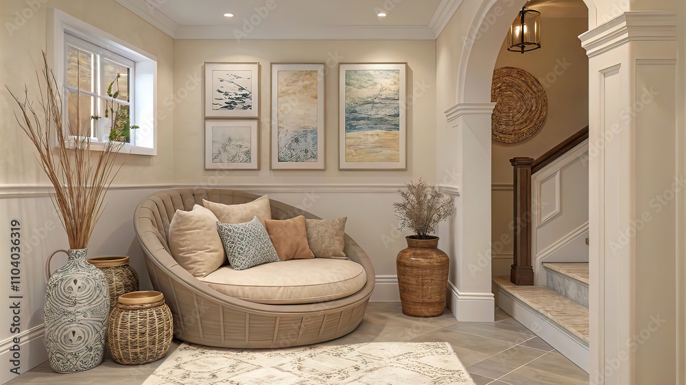Cozy nook with a round snuggle chair, soft pillows, abstract art, and decorative vases in a neutral toned space. Shabby chic french country interior design of modern hall, home entryway. Cozy nook with a round snuggle chair, soft pillows, abstract art, and decorative vases in a neutral toned space. Shabby chic french country interior design of modern hall, home entryway.