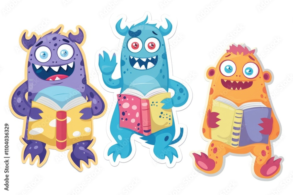 Three cartoon monsters sitting together reading a book, a fun scene for kids and adults alike Three cartoon monsters sitting together reading a book, a fun scene for kids and adults alike
