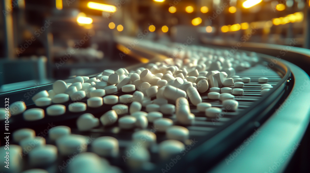 Fototapeta premium White medicine bottle pills on a conveyor belt in a factory production line