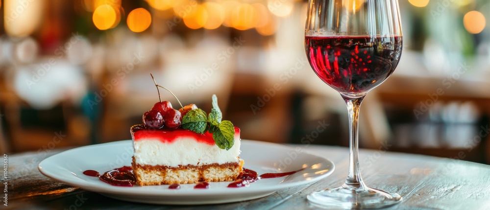 delicious cheesecake slice topped with berries and mint, served with red wine. warm ambiance enhances dining experience, making it perfect for dessert lovers delicious cheesecake slice topped with berries and mint, served with red wine. warm ambiance enhances dining experience, making it perfect for dessert lovers