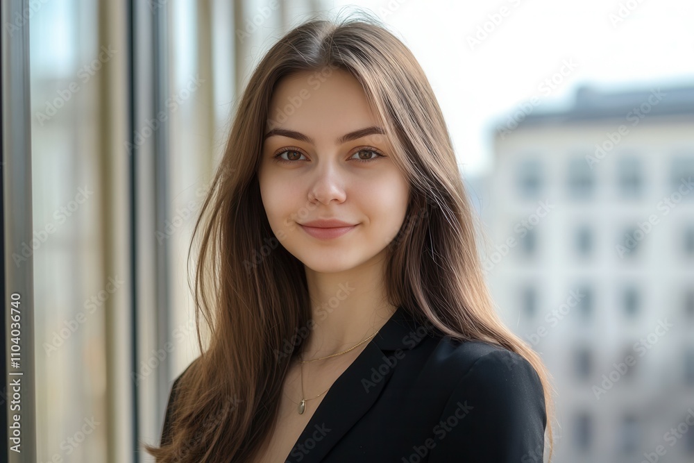 A young woman with long brown hair is smiling confidently while standing next to a large window in a bright indoor setting. Her modern attire and relaxed pose suggest a professional atmosphere, possib A young woman with long brown hair is smiling confidently while standing next to a large window in a bright indoor setting. Her modern attire and relaxed pose suggest a professional atmosphere, possib