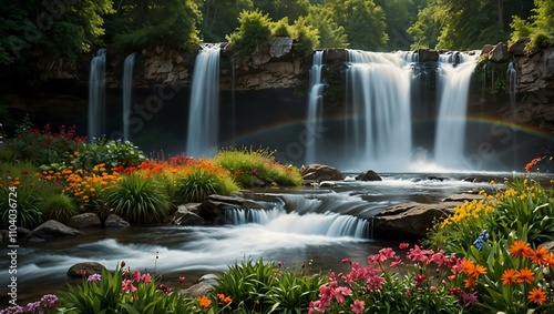 A peaceful nature scene with a waterfall, lush greenery, colorful flowers, and a vibrant rainbow under the sun.