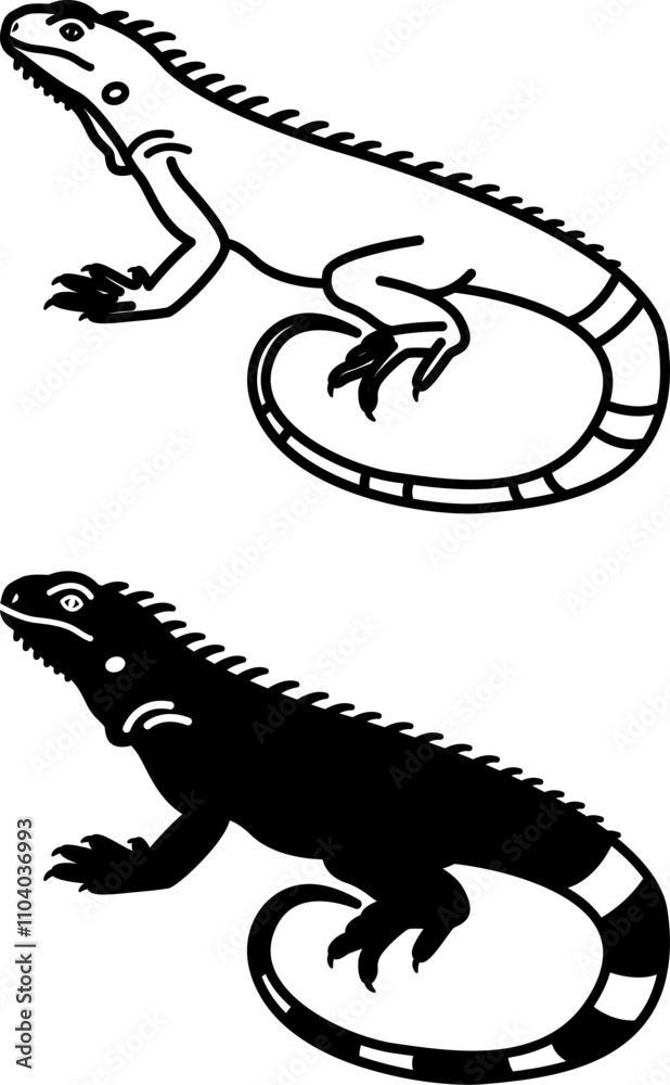 Fototapeta premium Iguana Icons. Black and White Vector Illustration. Large Tree Lizard. Domestic Pet. For Coloring Book Design. Pets Concept