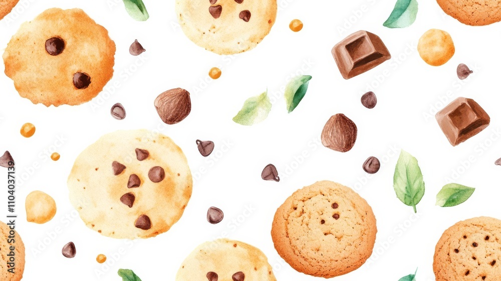 Fototapeta premium Watercolor cookies and chocolate chips, warm tones, seamless pattern, intricate brush details, cozy and inviting aesthetic