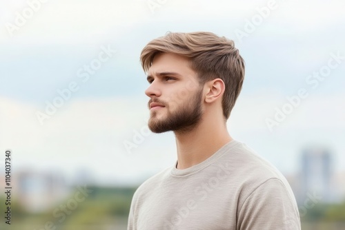 A young man stands outdoors with a thoughtful expression on his face. He has a well groomed beard and a modern haircut. The background features a blurred urban landscape under a cloudy sky, evoking a 