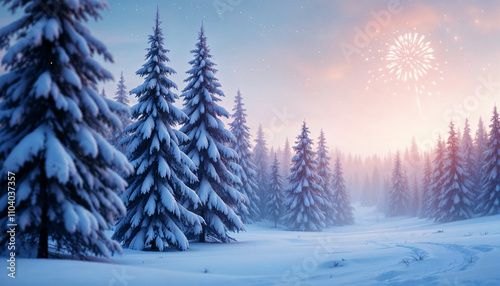 Snow-covered pine trees under a colorful sky filled with fireworks during winter twilight in a serene forest setting